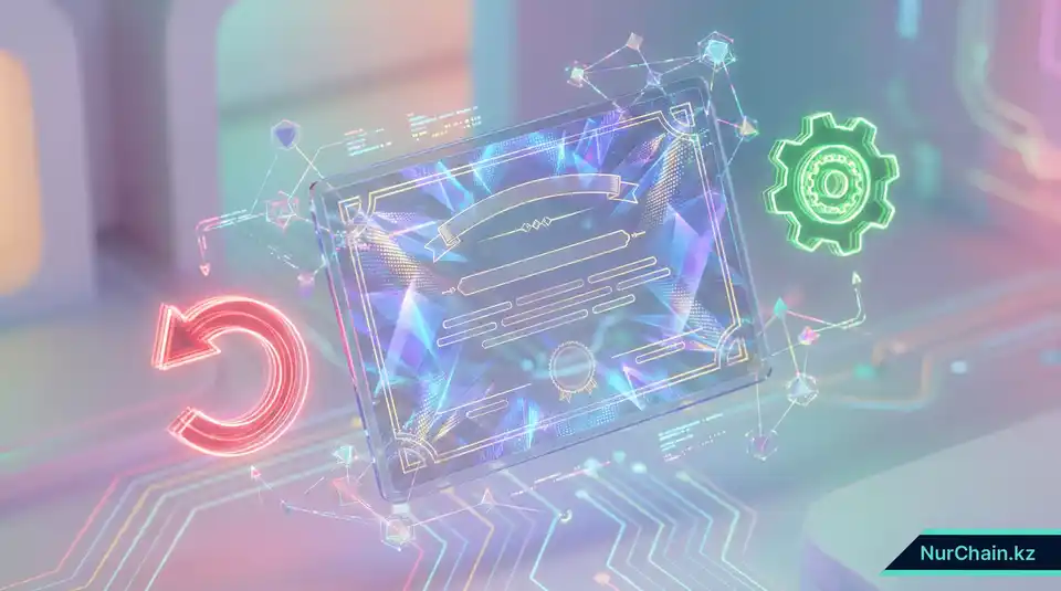 Трехмерная изометрическая иллюстрация управления цифровым дипломом с символами отзыва и исправления в среде блокчейна.