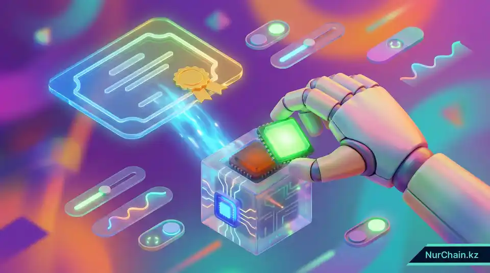 Трехмерная графика, демонстрирующая процесс обновления метаданных для исправления цифровых документов в блокчейне.