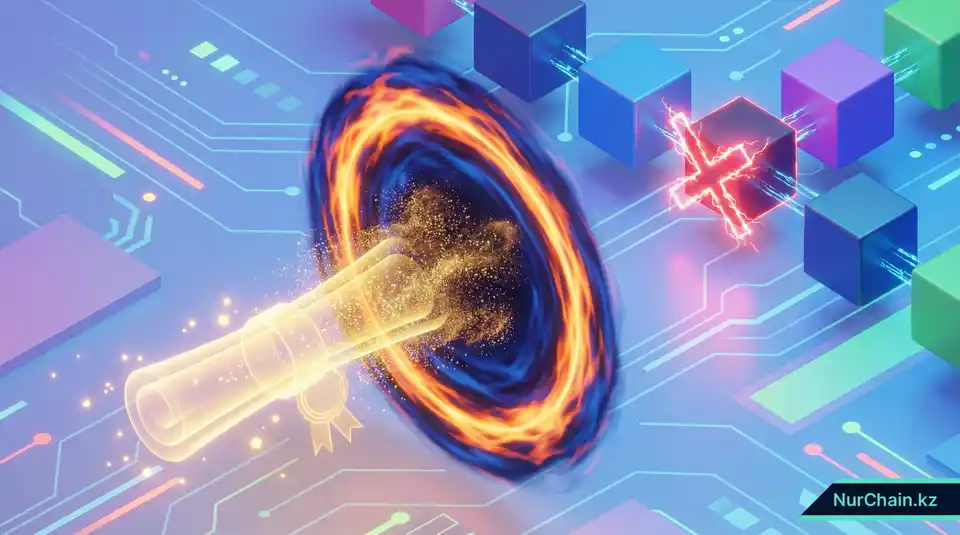 Трехмерное визуальное объяснение процесса сжигания и отзыва ошибочного NFT-диплома в блокчейне.