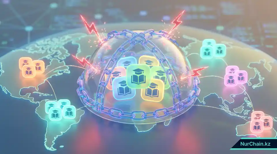 3D-рендер блокчейн-щита, защищающего студенческие записи от цифровых угроз, с глобальной репликацией данных на заднем плане.