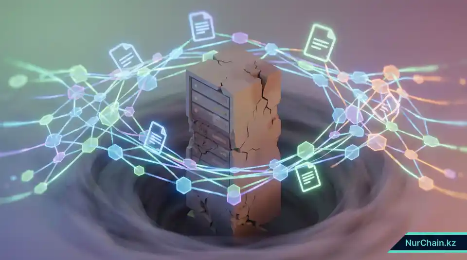 3D-иллюстрация, показывающая замену вышедшего из строя центрального сервера защищенной распределенной цифровой сетью безопасности для обеспечения отказоустойчивости данных.