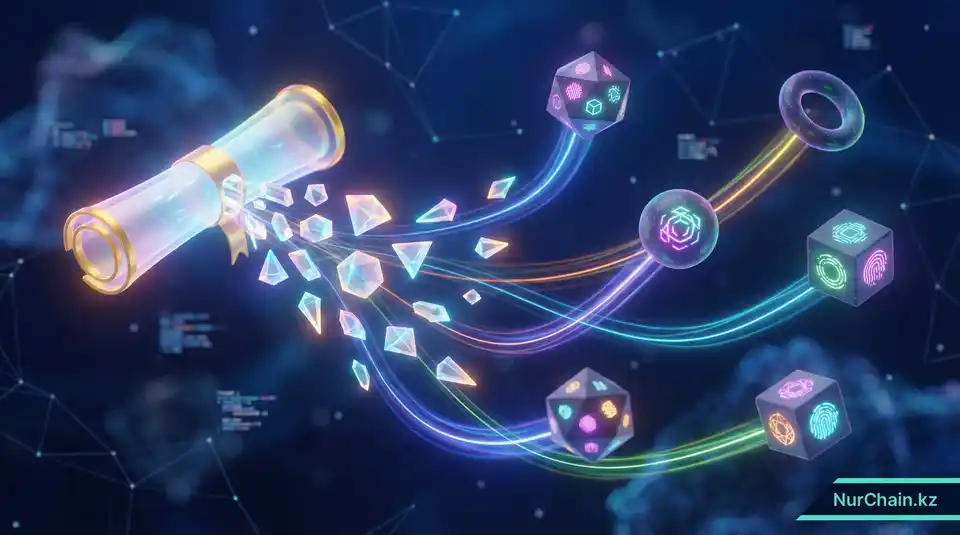 3D-инфографика децентрализованного хранилища IPFS, разбивающего данные на фрагменты и распределяющего их по глобальной одноранговой сети.