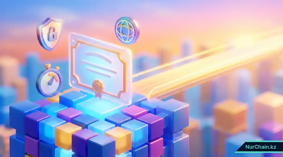Итоговая 3D-инфографика, показывающая основы децентрализованной отказоустойчивости: безопасность, портативность и доверие к академическим достижениям.