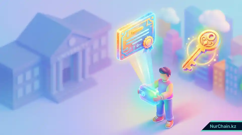 3D-визуализация студента, владеющего своими академическими документами через цифровой кошелек, даже если исходное учебное заведение прекратило существование.