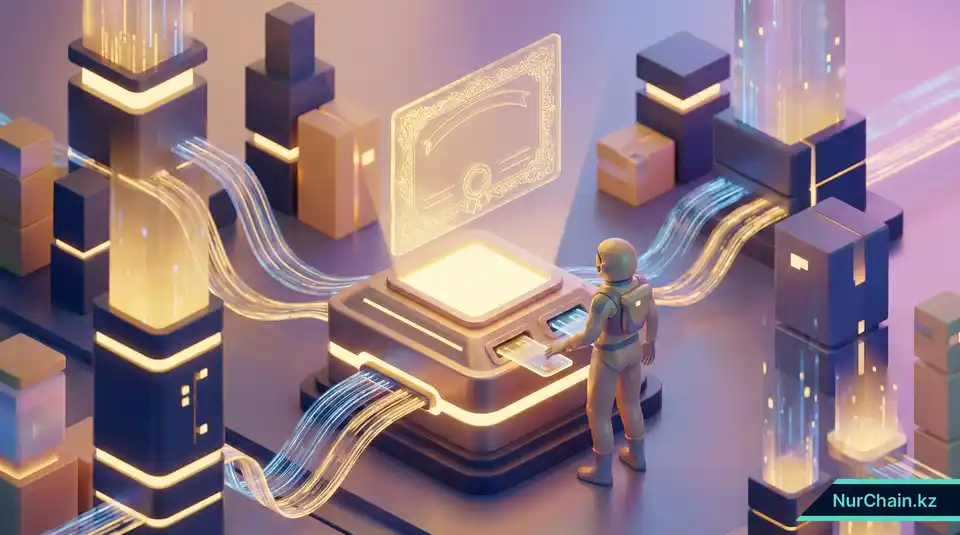 Трёхмерная сцена: университетский регистратор использует авторизацию с двумя ключами для выпуска токена цифрового диплома в высокозащищённом хранилище.