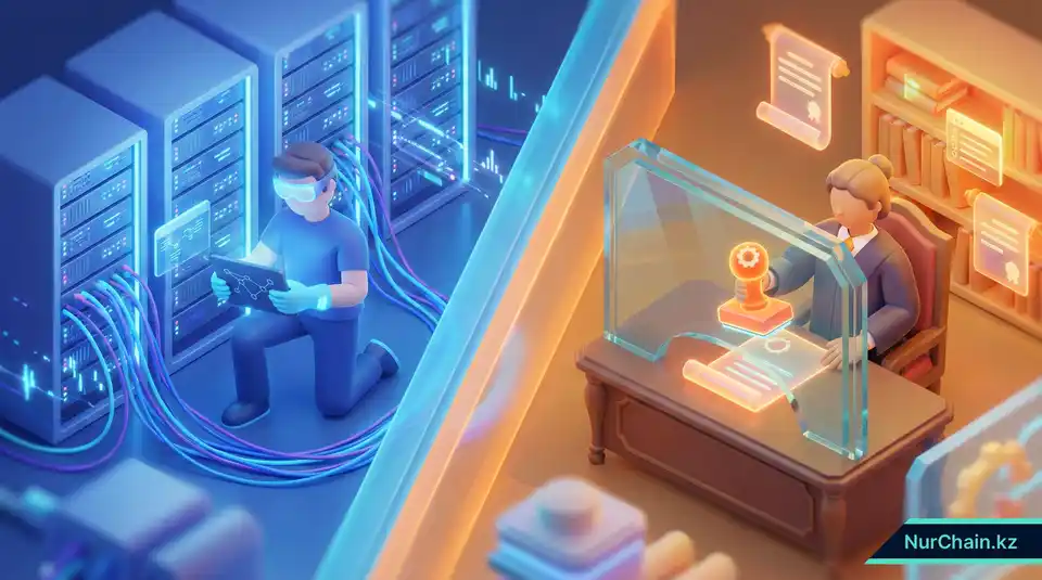 Трёхмерная иллюстрация, демонстрирующая разделение обязанностей между техническим обслуживанием ИТ и полномочиями регистратора по выдаче документов.