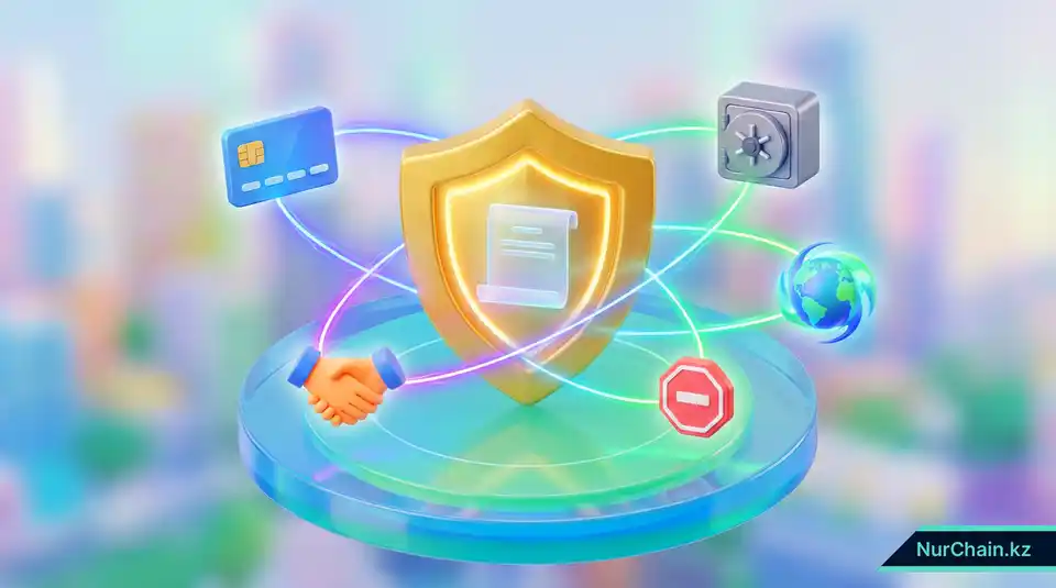 Трёхмерная инфографика-резюме элементов управления доступом, защищающих академическую честность с помощью центрального щита и различных иконок безопасности.