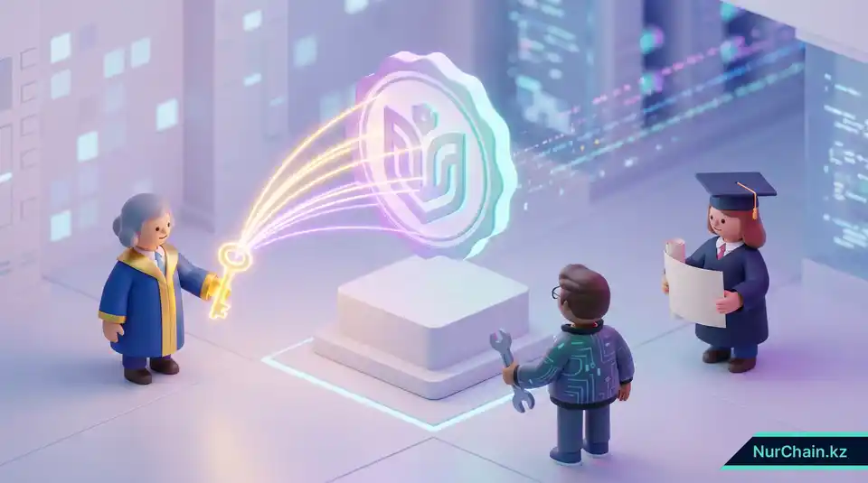 Трёхмерная изометрическая иллюстрация, демонстрирующая роли доступа в университете: регистратор держит ключ для выпуска NFT-дипломов, пока другие сотрудники наблюдают за процессом.