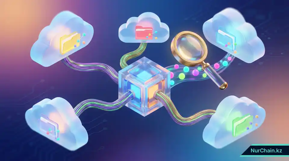 3D-инфографика, иллюстрирующая валидацию метаданных и верификацию децентрализованного хранилища IPFS для цифровых образовательных документов.