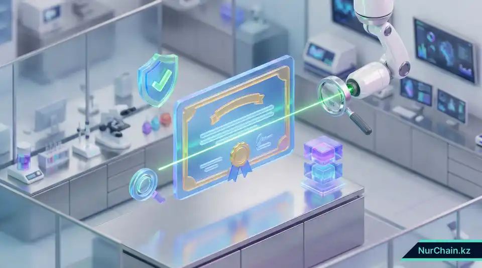 3D-инфографика, изображающая роботизированную руку, сканирующую цифровой диплом для проверки качества и безопасности в лабораторных условиях.