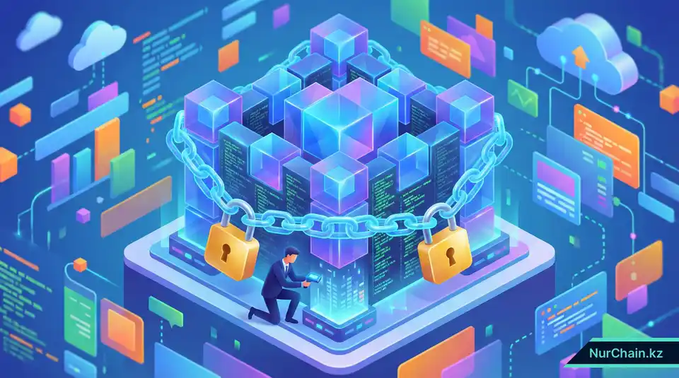 3D-изометрический вид цифровой крепости, проходящей аудит безопасности смарт-контрактов и технической целостности с использованием светящихся цепей.