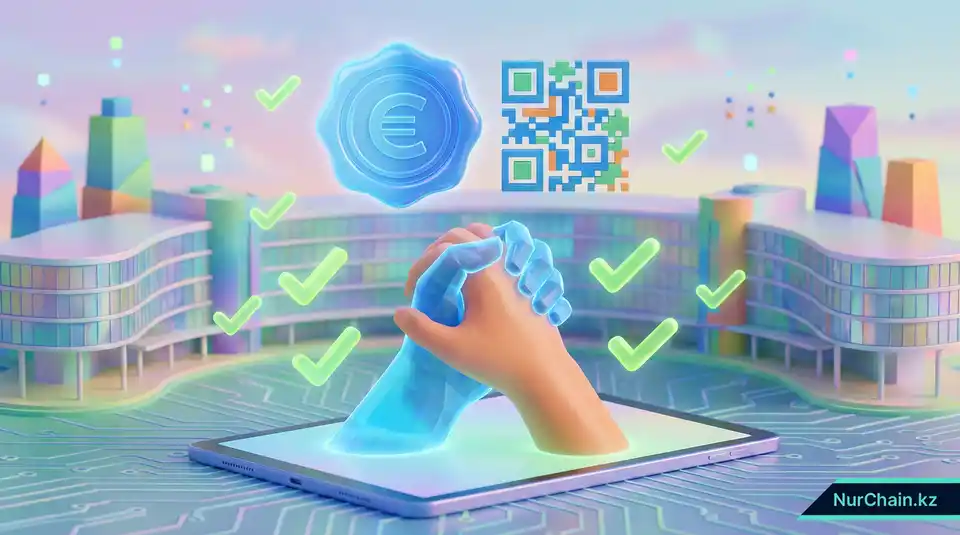 3D-визуализация цифрового рукопожатия и верификации по QR-коду перед современным зданием университета, символизирующая государственное признание цифровых дипломов.