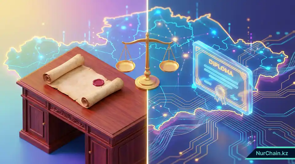 3D-изометрическая иллюстрация, сравнивающая традиционный бумажный диплом с сияющим цифровым NFT-дипломом, уравновешенными на весах правосудия над картой Казахстана.