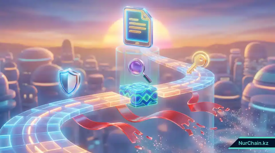 3D-изометрическая дорожная карта, показывающая чистый путь через правовое поле цифровых документов с иконками безопасности и верификации.