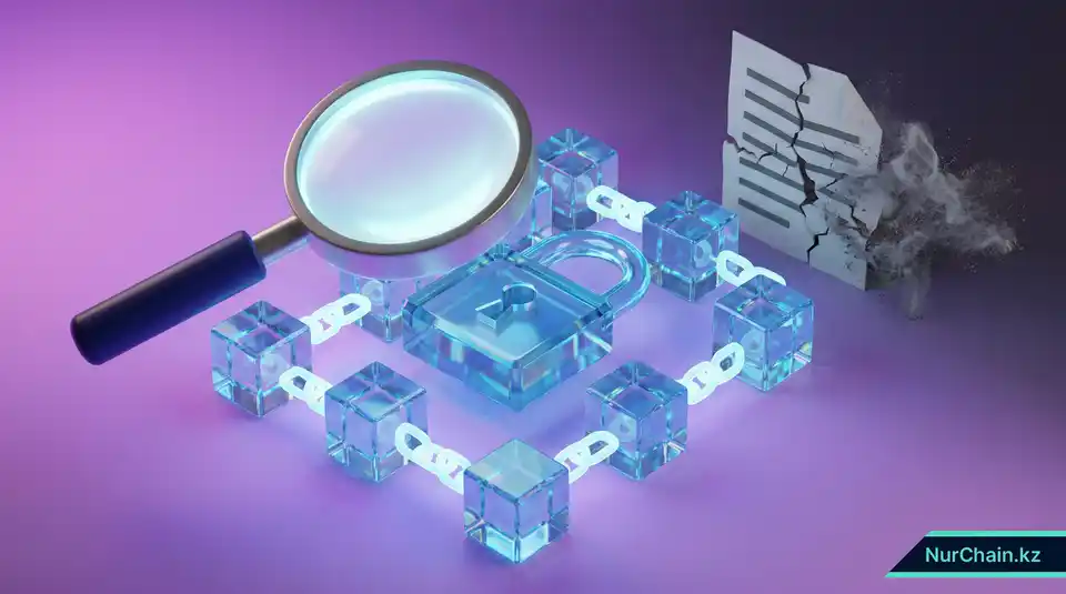 3D-визуализация неизменяемости блокчейна, предотвращающей подделку дипломов и мошенничество с образовательными документами в Казахстане.