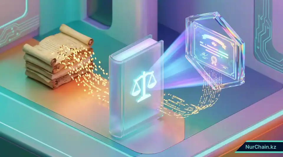 3D-иллюстрация закона Казахстана о цифровых активах, обеспечивающего правовую базу для цифровых академических дипломов.