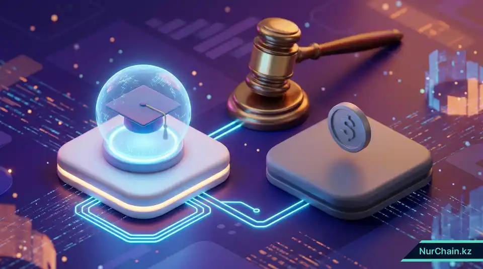 3D-инфографика, показывающая правовую классификацию образовательных NFT как обеспеченных цифровых активов в противовес необеспеченным токенам.