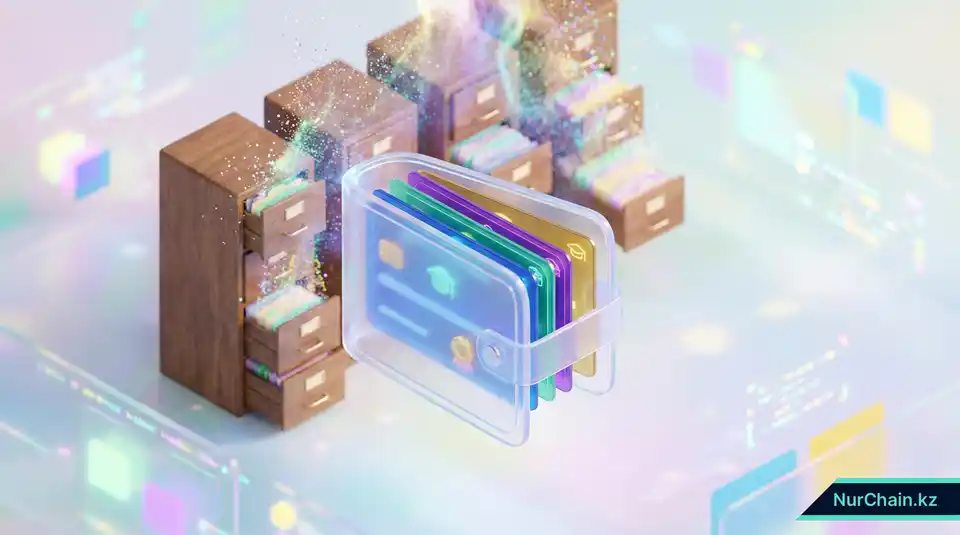 Цифровой кошелек с образовательными документами на фоне исчезающих старых бумажных картотек, символизирующий переход к безбумажной системе.