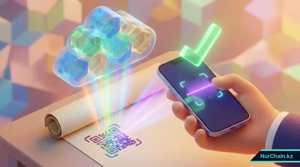 Смартфон, сканирующий QR-код на дипломе для его мгновенной проверки в защищенном национальном цифровом реестре.