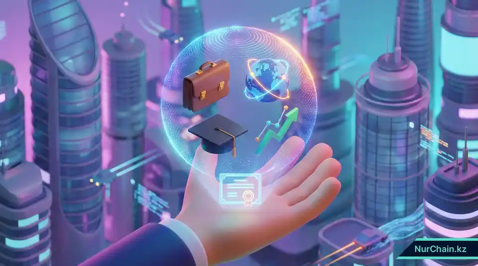 Человек, держащий голографическую сферу карьерных возможностей, работающую на базе цифрового диплома, что символизирует будущее образовательных документов.