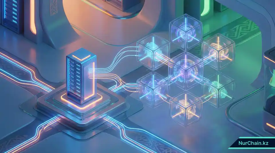 3D-рендер, показывающий локальное серверное хранилище, подключенное к блокчейну, иллюстрирующий локализацию данных и хеширование для соблюдения Закона № 94-V.