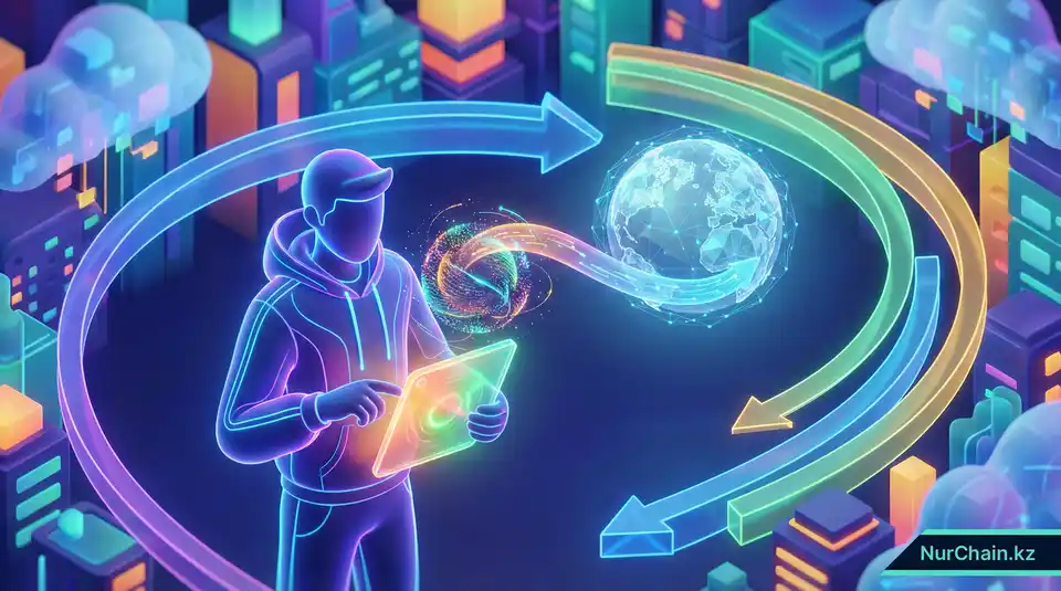 3D-иллюстрация пользователя, контролирующего передачу данных по цифровому глобусу с помощью личного кошелька, что олицетворяет суверенитет данных.