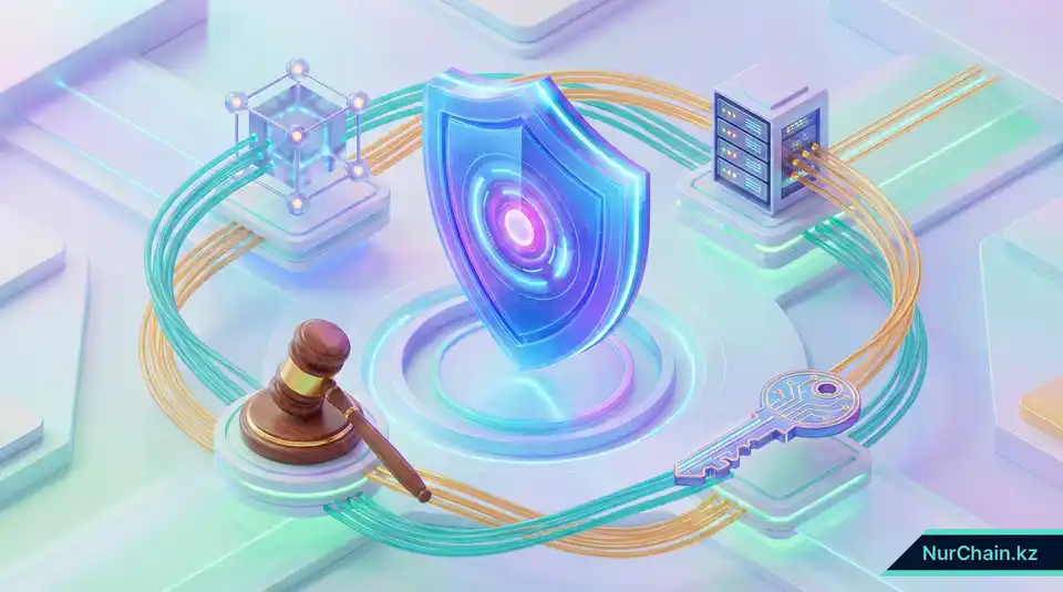 Комплексная 3D-инфографика, резюмирующая баланс между инновациями блокчейна и законами Казахстана о защите данных.