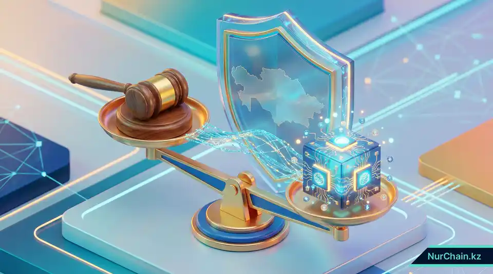 3D-иллюстрация весов с судейским молотком и блокчейн-кубом, символизирующая соответствие законов Казахстана о данных технологиям Web3.