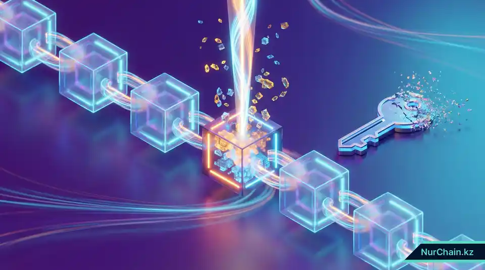 3D-визуализация звена блокчейна, подвергающегося криптографическому стиранию для демонстрации права на забвение в децентрализованной системе.