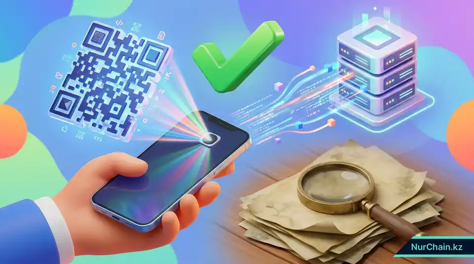Смартфон, сканирующий 3D QR-код для мгновенной проверки с появлением зеленой галочки и потоков цифровых данных.