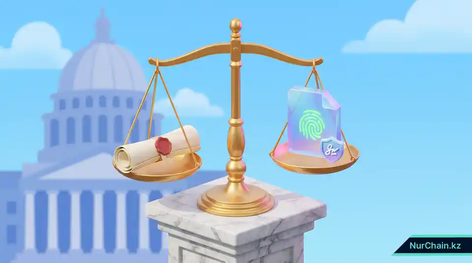 Сбалансированные весы правосудия, на чашах которых лежат бумажный свиток и иконка цифрового файла, символизирующие равную юридическую силу по законам Казахстана.