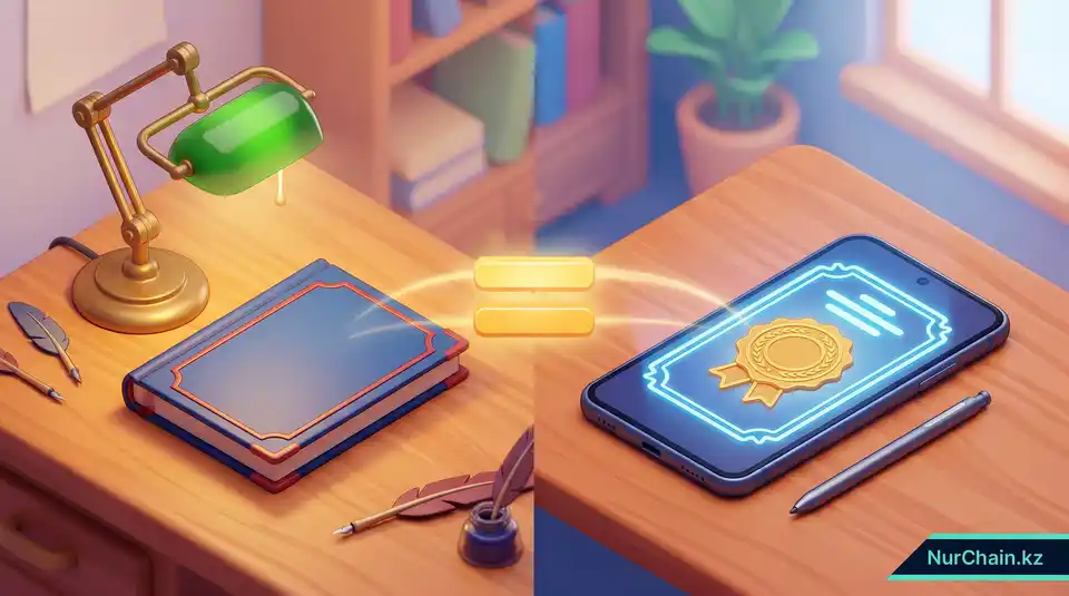 3D-инфографика, изображающая традиционную книжку бумажного диплома рядом со светящимся цифровым дипломом на смартфоне со знаком равенства между ними.