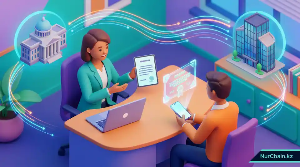 HR-специалист, принимающий голографический цифровой диплом у кандидата в современном офисе.