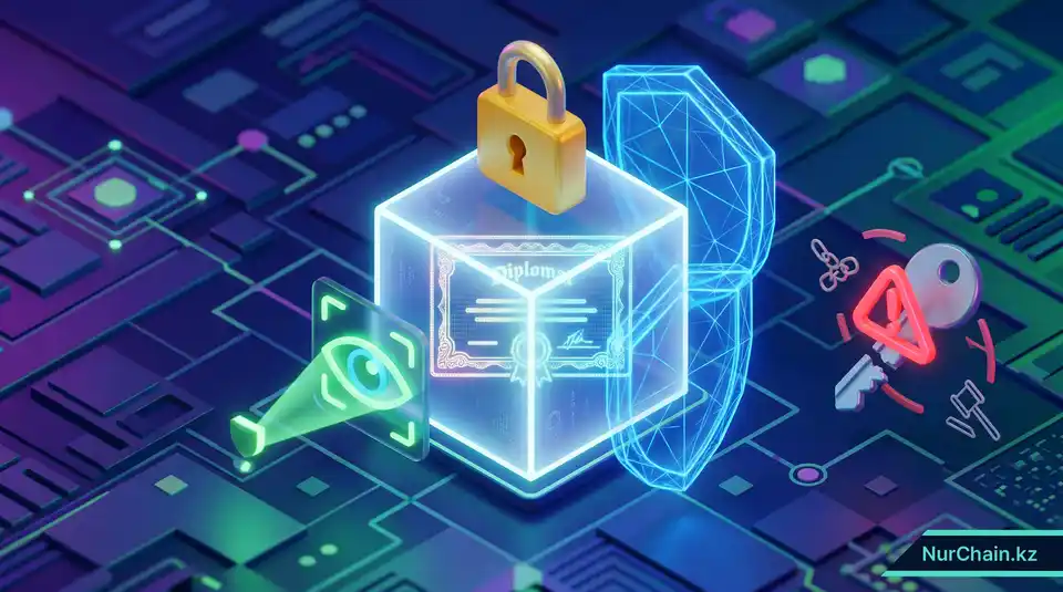 Цифровой документ-диплом внутри защищенного светящегося хранилища с иконками биометрии и щита, представляющими стандарты безопасности.