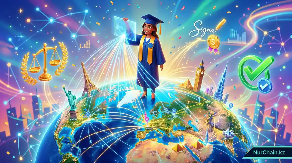 Выпускник с цифровым дипломом на вершине земного шара с линиями глобальной сети, символизирующий защищенную идентичность без границ.