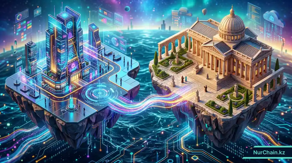 Изометрический 3D-вид цифрового хаба МФЦА и традиционного здания национального правосудия, представляющий двойственную правовую систему Казахстана.
