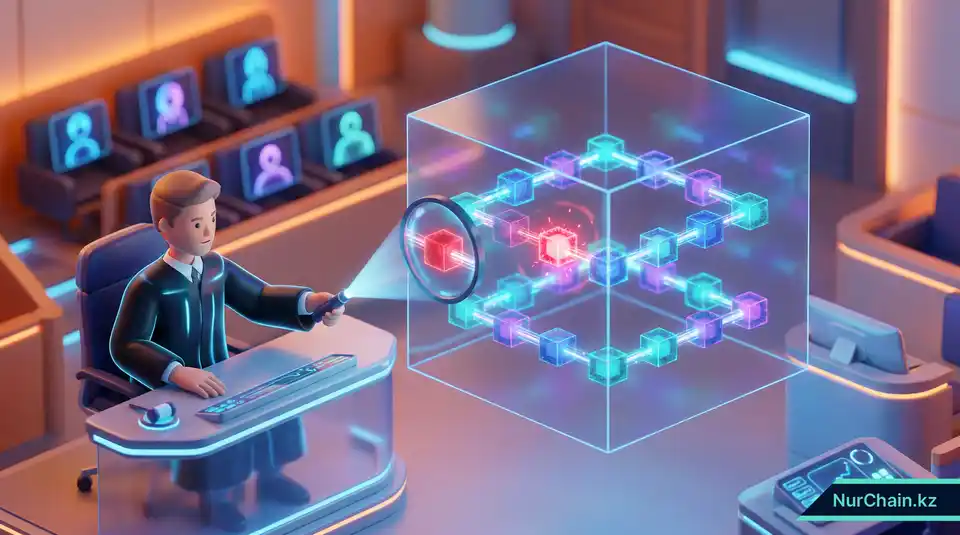 3D-сцена в цифровом зале суда, показывающая судью, проверяющего блокчейн для разрешения споров и обеспечения исполнения обязательств.