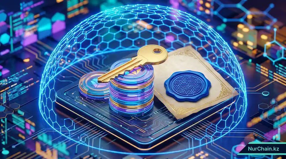 3D-иллюстрация золотого ключа и сертификата с печатью, представляющая лицензирование криптодеятельности и соблюдение комплаенса в Казахстане.