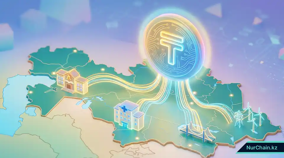 3D-изображение цифрового тенге и программируемых платежей для государственного управления в Казахстане.