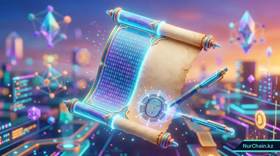 Цифровой свиток в 3D с голографической печатью, представляющий смарт-контракты как электронные письменные сделки.