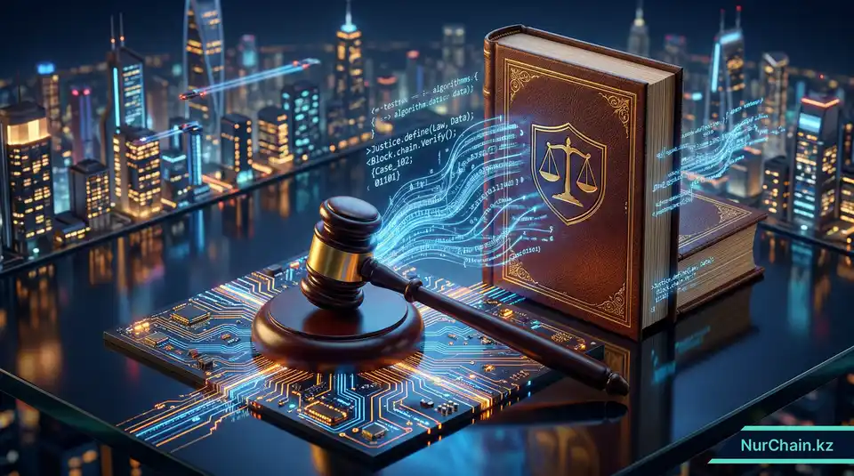 3D-иллюстрация судебного молотка на цифровой печатной плате, символизирующая законность смарт-контрактов в Казахстане.