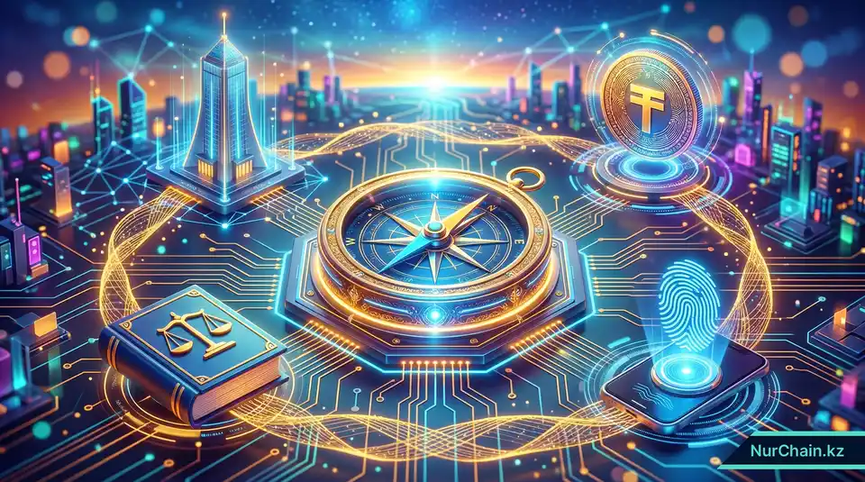 Итоговая 3D-инфографика цифрового правового ландшафта Казахстана, включая МФЦА, цифровой тенге и регулирование смарт-контрактов.