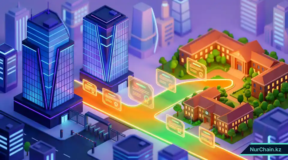 3D-визуализация, показывающая открытый путь для цифровых дипломов в обход зданий финансовых институтов, что символизирует освобождение от лицензирования.