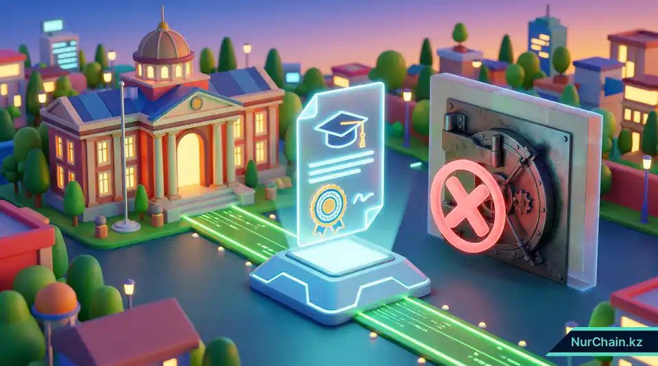3D-иллюстрация, изображающая цифровой документ на пьедестале, что указывает на отсутствие необходимости в сложных банковских лицензиях для университетов Казахстана.