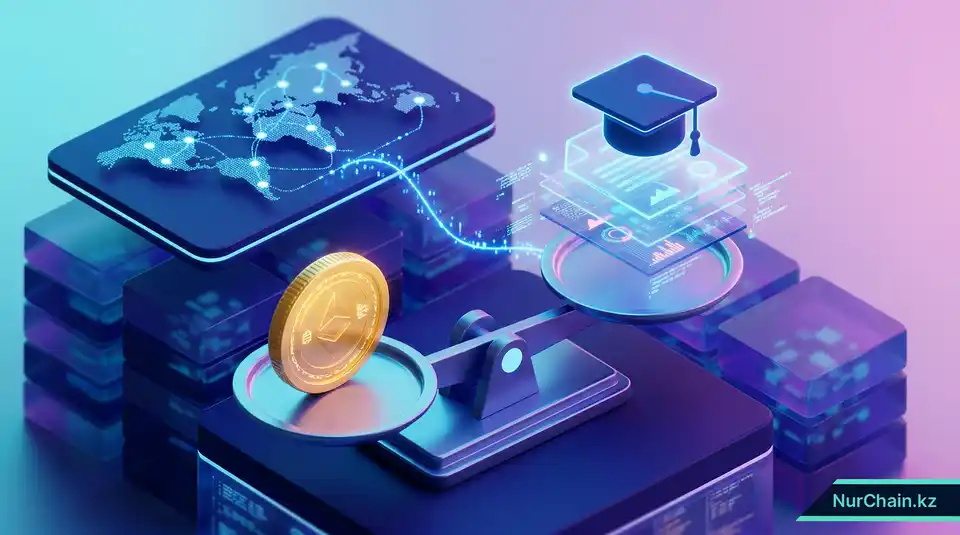 3D-графика весов, на которых балансируют цифровая монета и академический сертификат, представляющая правовой статус обеспеченных цифровых активов в Казахстане.