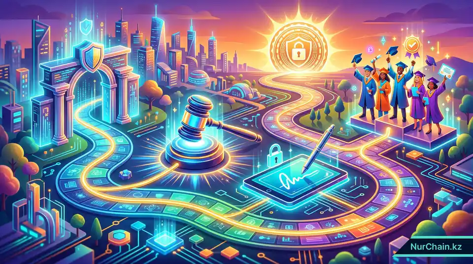 3D-изометрическое резюме юридического пути блокчейн-дипломов в Казахстане: от выдачи университетом до признания выпускника.