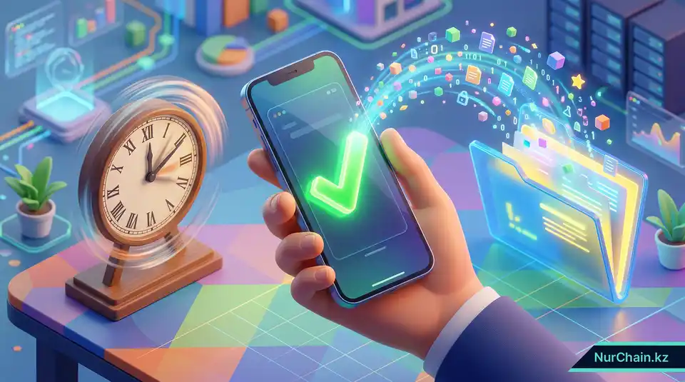 3D-иллюстрация смартфона с отметкой о подтверждении и быстрым потоком данных, подчеркивающая эффективность процесса.