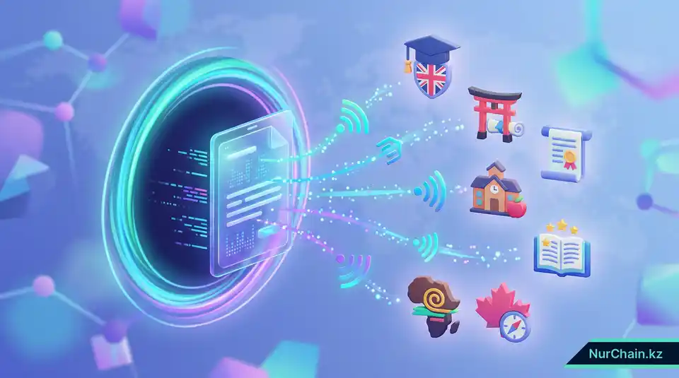 3D-визуализация цифрового документа, проходящего через портал трансформации, что олицетворяет глобальную совместимость и стандарты.