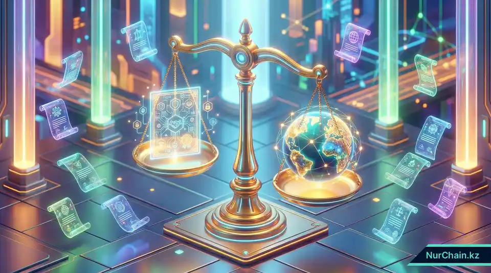 3D-рендер весов правосудия, уравновешивающих цифровой документ и земной шар, что символизирует юридическое подтверждение квалификаций.