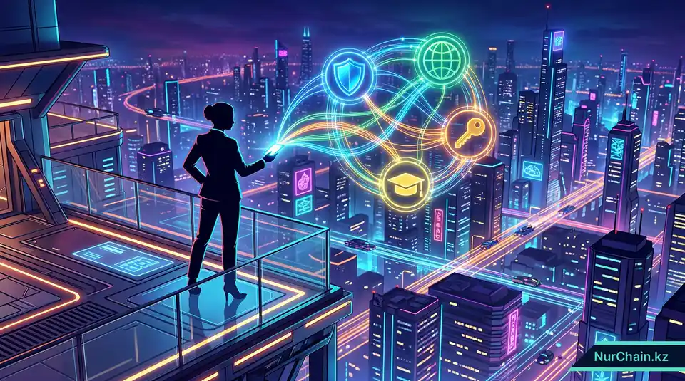 3D-сцена с выпускником, смотрящим в цифровое будущее с иконками безопасности, мобильности и академических успехов.